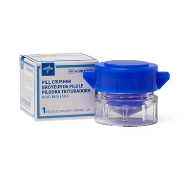 The Medline Pill Crusher with Finger Grips, featuring blue and clear colors and built-in pill storage, is shown before its box, which displays information in English, French, and Spanish. Both have bold blue accents.