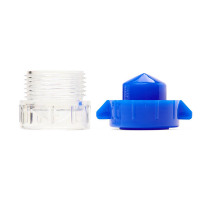 A clear, threaded adapter and a blue screw-on cap with side tabs—parts of the Medline Pill Crusher with Finger Grips—are both standing upright on a white background.