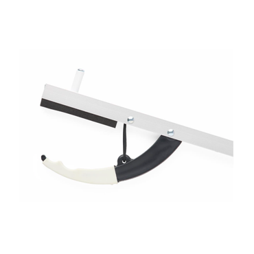 A close-up view of the Medline Pistol Grip Reacher, a white and black wall-mounted rack with an ergonomic pistol-grip hook designed to hold a bicycle wheel securely.