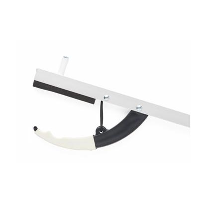 A close-up view of the Medline Pistol Grip Reacher, a white and black wall-mounted rack with an ergonomic pistol-grip hook designed to hold a bicycle wheel securely.