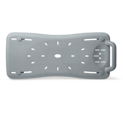 The Medline Portable Shower Board, a lightweight, gray contoured plastic bath board with a handle and drainage holes, has four adjustable side clamps for secure attachment to any bathtub.