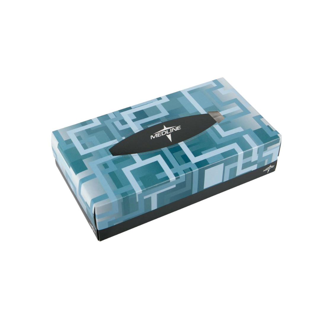 Medline Premium 2-Ply Facial Tissues come in a rectangular box with a blue geometric pattern and black oval opening, providing everyday comfort with soft facial tissues.