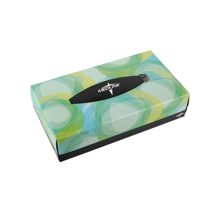 Medline Premium 2-Ply Facial Tissues come in a rectangular box with green and blue circles and a black center-top opening, providing soft, everyday comfort.