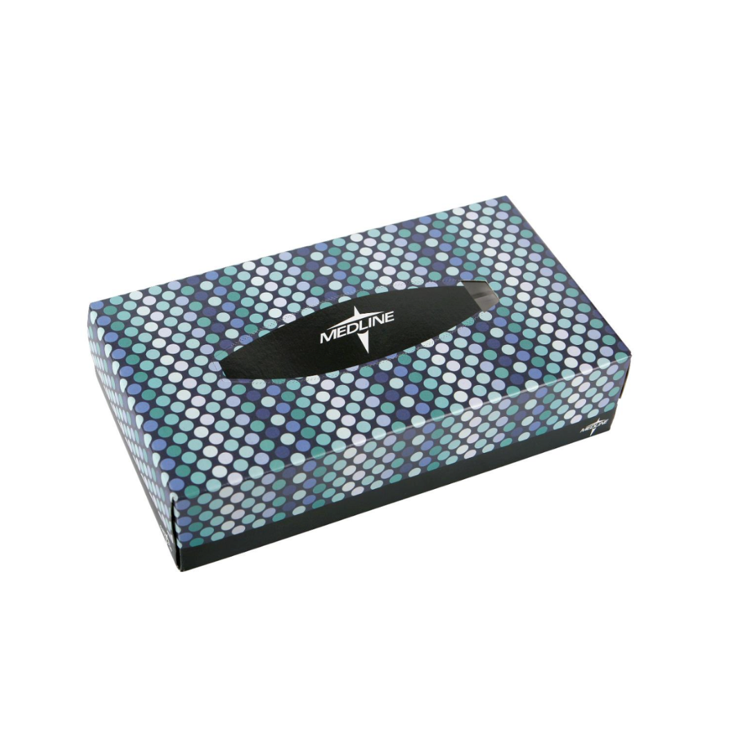 Medline Premium 2-Ply Facial Tissues come in a rectangular box with a blue and white dotted design and an oval top opening, providing soft tissues for everyday comfort.