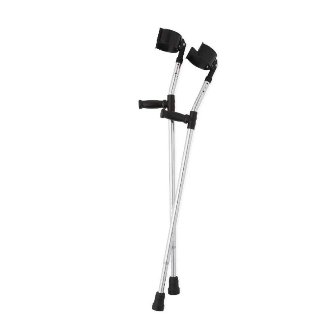 A pair of Medline Premium Forearm Crutches featuring black handles, arm cuffs, and rubber tips are shown upright and crossed against a white background.