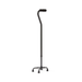 The Medline Quad Cane with Small Base in black features a straight handle and four skid-resistant rubber-tipped legs for added stability, standing upright against a white background. Perfect for enhanced weight-bearing support.