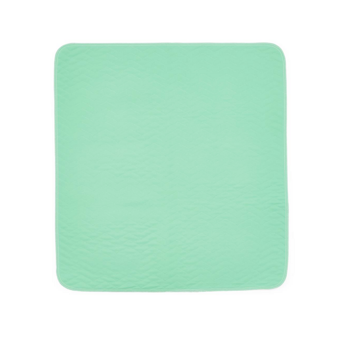 The Medline Quick Dry Poly Laminated Reusable Underpad (34 x 36) is a square, pastel green quilted mat with rounded corners and a white edge, featuring a quick-dry face fabric, shown laid flat on a white background.