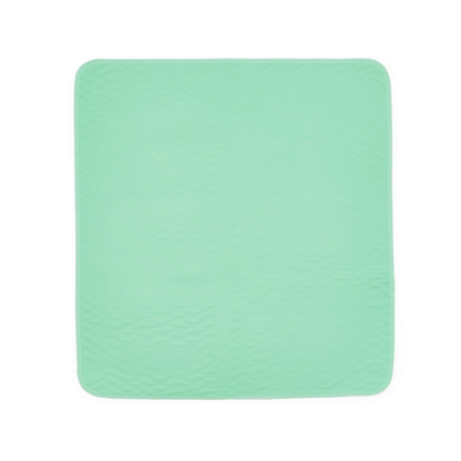 The Medline Quick Dry Poly Laminated Reusable Underpad (34 x 36) is a square, pastel green quilted mat with rounded corners and a white edge, featuring a quick-dry face fabric, shown laid flat on a white background.