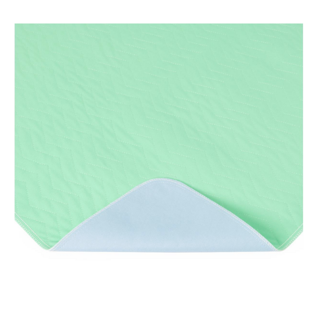 The Medline Quick Dry Poly Laminated Reusable Underpad (34 x 36) features a mint green rectangular design with a subtle zigzag pattern, light blue underside, and an advanced fiber blend for rapid moisture wicking.