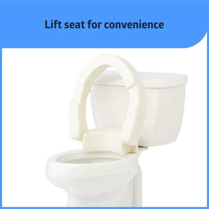 A Medline 3.5 Raised Hinged Bariatric Toilet Seat provides accessibility with a raised, hinged attachment for easy lifting. Blue background above displays the text: “Lift seat for convenience.”.