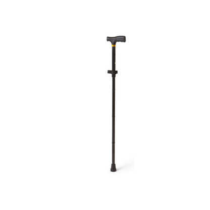 The Medline Reach, Grab and Go Kit for Caregivers, featuring a black folding T-handle cane with a rubber tip, is shown standing upright against a white background.