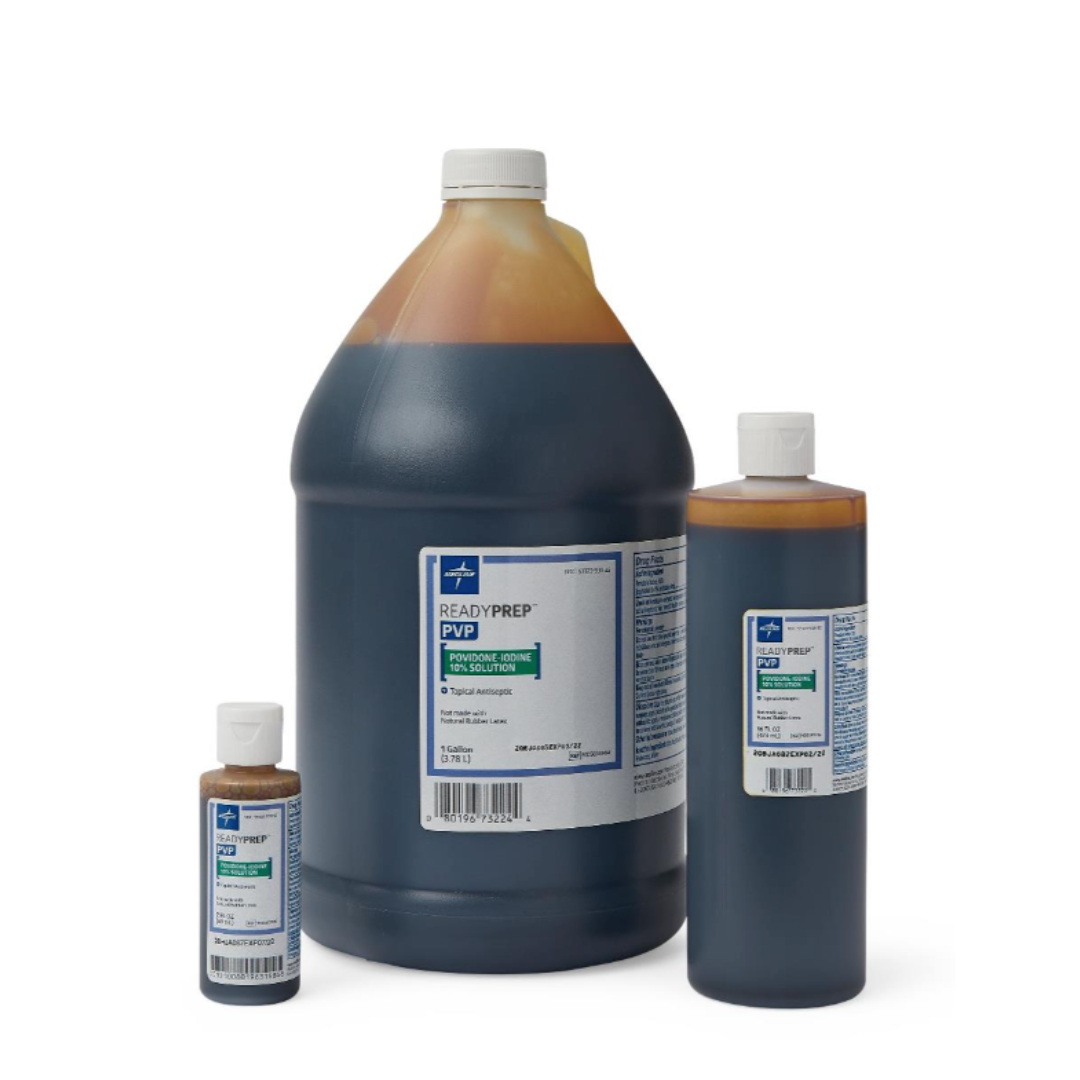 Three bottles of Medline ReadyPrep 10% Povidone Iodine Solution, in gallon, medium, and small sizes, each with a white cap and blue-and-green label.