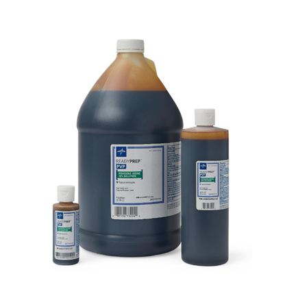 Three bottles of Medline ReadyPrep 10% Povidone Iodine Solution, in gallon, medium, and small sizes, each with a white cap and blue-and-green label.