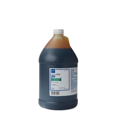 A large plastic jug labeled Medline ReadyPrep 10% Povidone Iodine Solution, a trusted antibacterial for wound care, features a blue and green label and white screw cap, filled with dark brown liquid, set against a plain white background.