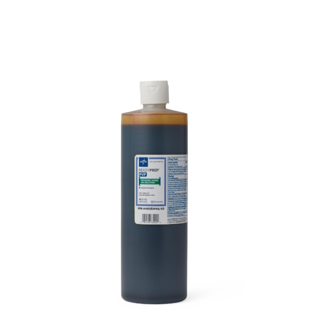 A plastic bottle with a white cap and green and white label contains Medline ReadyPrep 10% Povidone Iodine Solution, an antibacterial product featuring a dark liquid and clear product information on the label.