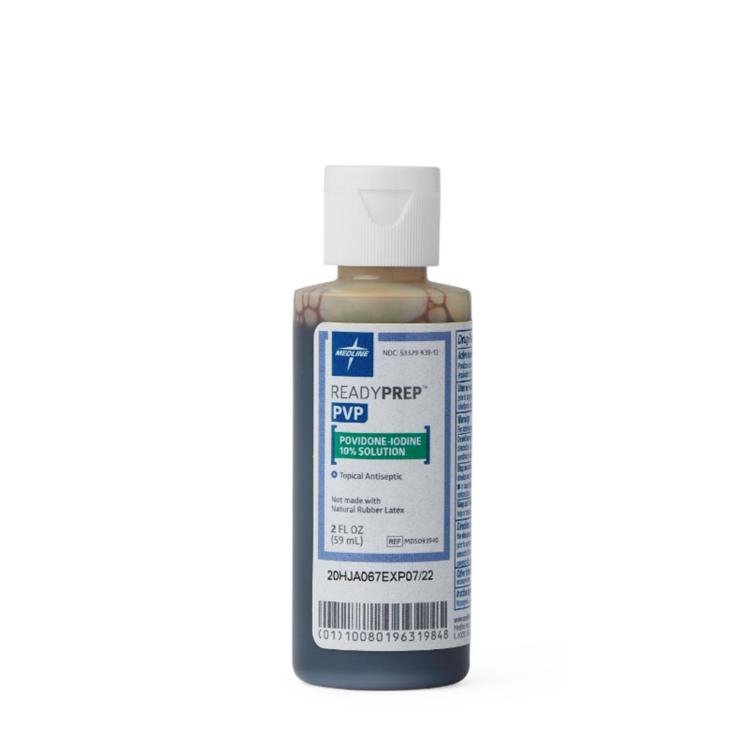 A 2 fl oz (59 mL) plastic bottle of Medline ReadyPrep 10% Povidone Iodine Solution with a white cap and a blue, green, and white label. This antibacterial solution is ideal for prepping skin before procedures.