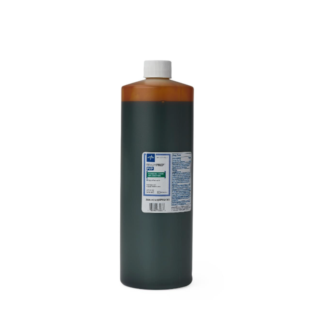 A large brown plastic bottle with a white cap and a label displaying Medline ReadyPrep 10% Povidone Iodine Solution stands upright on a white background.