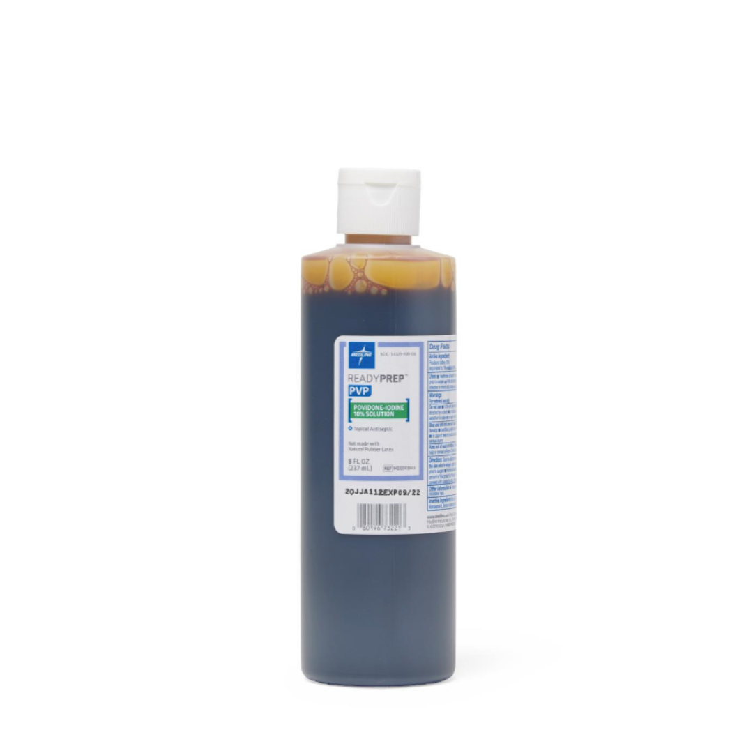A clear plastic bottle with a white cap and medical label contains Medline ReadyPrep 10% Povidone Iodine Solution, an antibacterial dark brown liquid.