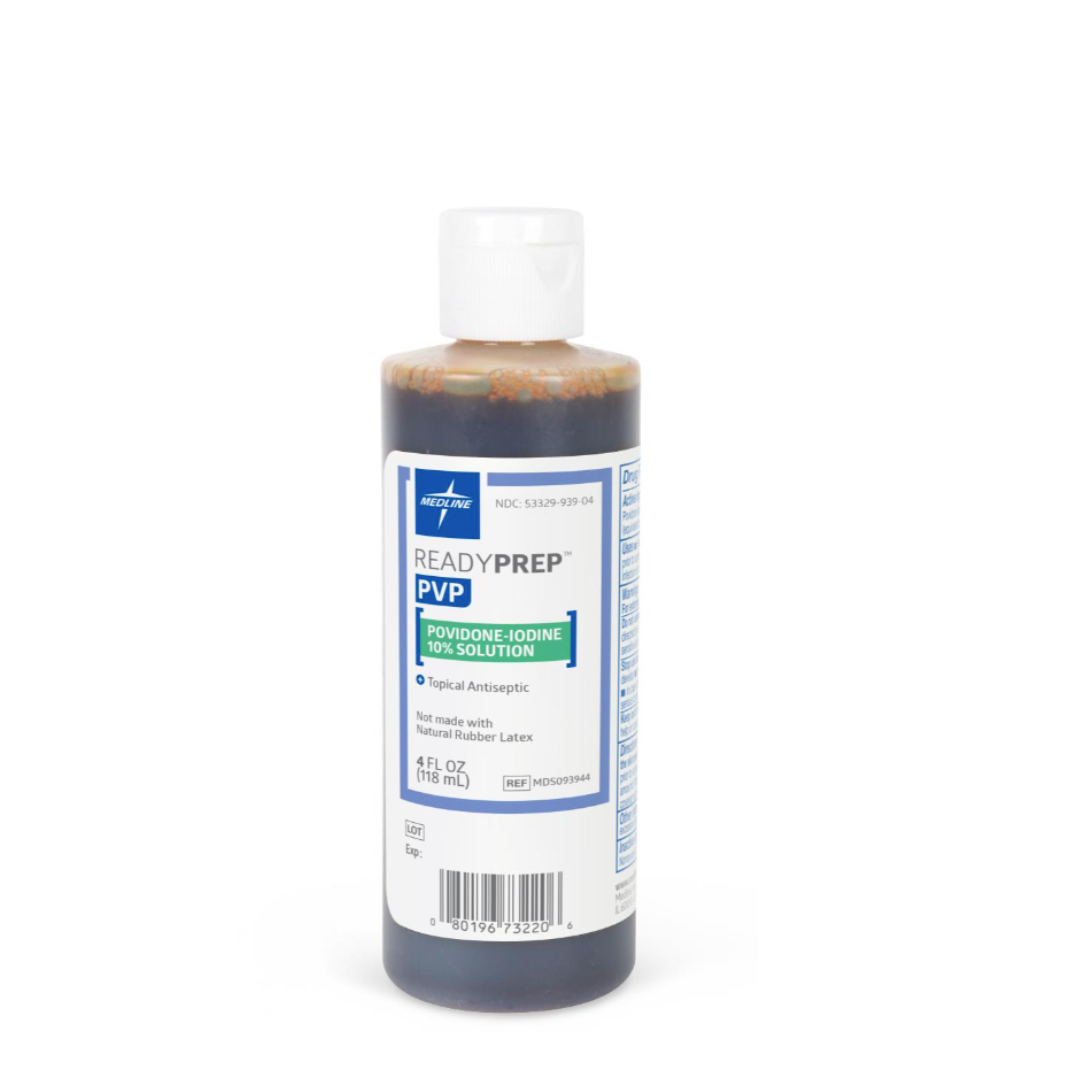 A 4 fl oz (118 mL) bottle of Medline ReadyPrep 10% Povidone Iodine Solution, a trusted topical antibacterial. The clear bottle has a white cap and a blue, white, and green label.