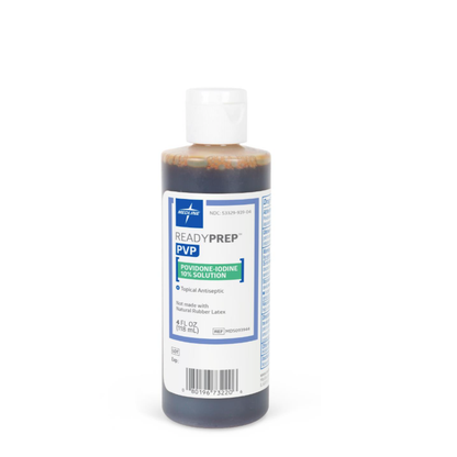 A 4 fl oz (118 mL) bottle of Medline ReadyPrep 10% Povidone Iodine Solution, a trusted topical antibacterial. The clear bottle has a white cap and a blue, white, and green label.