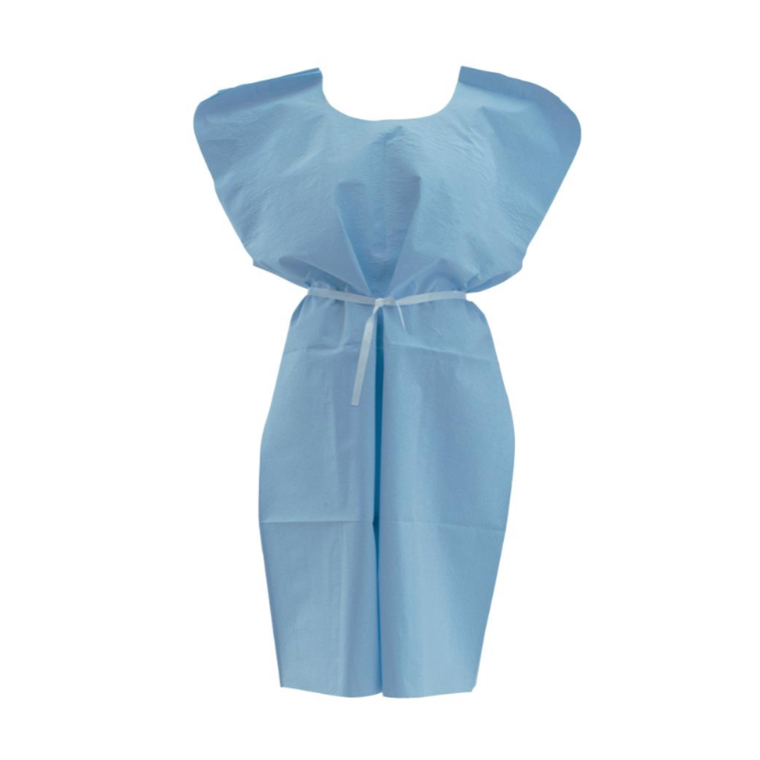 A Medline Reinforced Tissue Patient Gown in light blue with a waist tie, shown against a white background.
