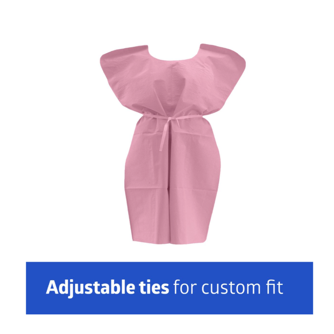A Medline Reinforced Tissue Patient Gown in pink, featuring adjustable waist ties for a custom fit, shown on a white background.