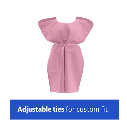 A Medline Reinforced Tissue Patient Gown in pink, featuring adjustable waist ties for a custom fit, shown on a white background.