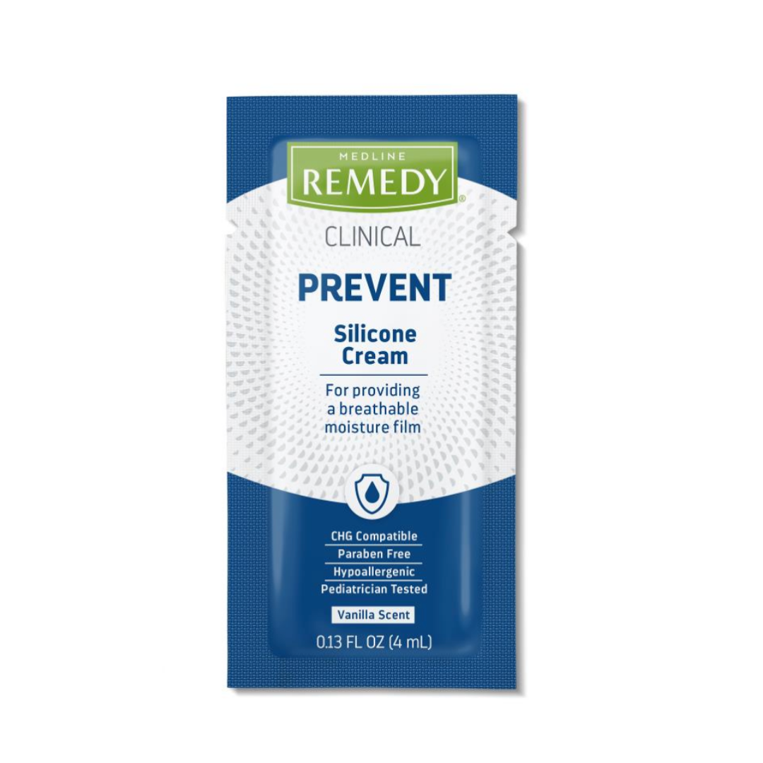 A blue and white packet labeled Medline Remedy Clinical Silicone Cream, a silicone-rich perineal care formula. CHG compatible, paraben free, hypoallergenic, pediatrician tested, vanilla scented. 0.13 fl oz (4 mL).