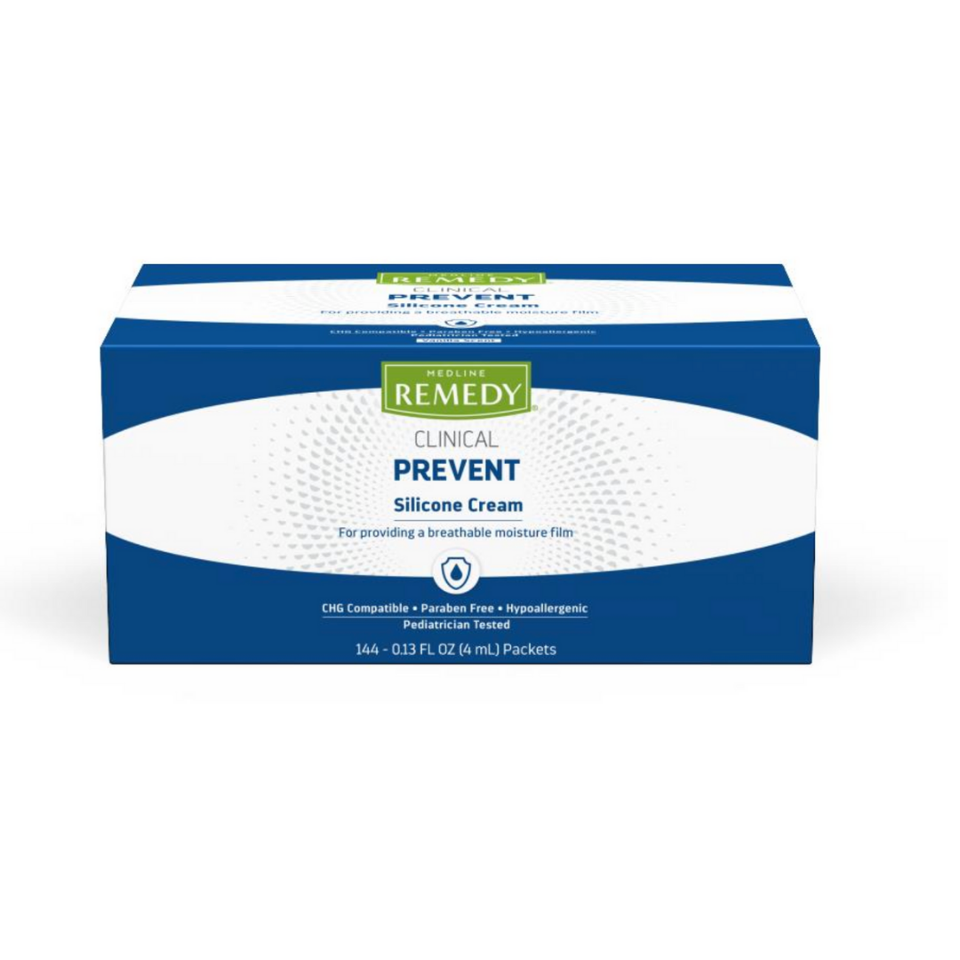 A box of Medline Remedy Clinical Silicone Cream Packets contains 144 individual 0.13 fl oz packets with a silicone-rich formula for perineal care and moisture protection. The blue and white packaging ensures easy identification.
