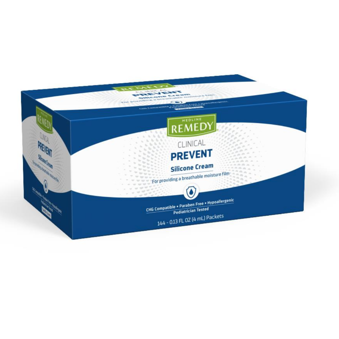 A blue and white box labeled Medline Remedy Clinical Silicone Cream Packets contains 144 packets (0.13 fl oz each). This paraben-free, hypoallergenic incontinence cream has a silicone-rich formula to help protect skin.