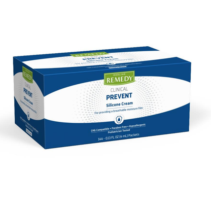 A blue and white box labeled Medline Remedy Clinical Silicone Cream Packets contains 144 packets (0.13 fl oz each). This paraben-free, hypoallergenic incontinence cream has a silicone-rich formula to help protect skin.
