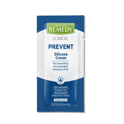 A blue and white packet labeled Medline Remedy Clinical Silicone Cream, a silicone-rich perineal care formula. CHG compatible, paraben free, hypoallergenic, pediatrician tested, vanilla scented. 0.13 fl oz (4 mL).