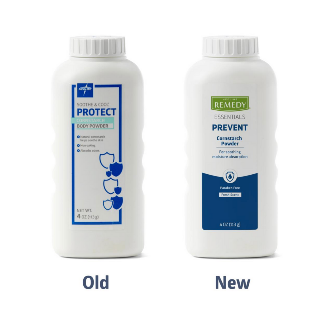 Two white bottles of Medline Remedy Essentials Cornstarch Body Powder, 4 oz each, are shown side by side: the left is the old blue-accented Protect label, and the right is the new green-accented Prevent label. Both are talc-free skin protectants.