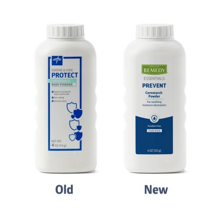 Two white bottles of Medline Remedy Essentials Cornstarch Body Powder, 4 oz each, are shown side by side: the left is the old blue-accented Protect label, and the right is the new green-accented Prevent label. Both are talc-free skin protectants.