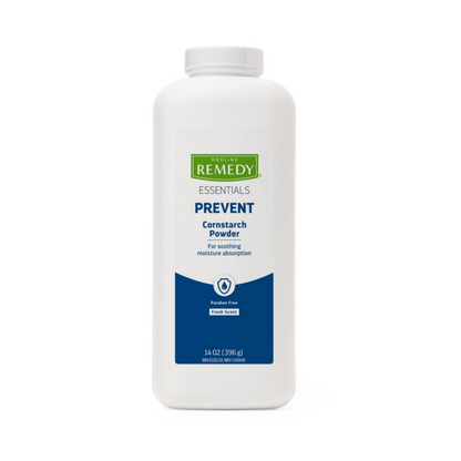 A white 14 oz bottle of Medline Remedy Essentials Cornstarch Body Powder is talc-free, paraben free, and has a fresh scent; it soothes skin, absorbs moisture, and serves as a skin protectant.