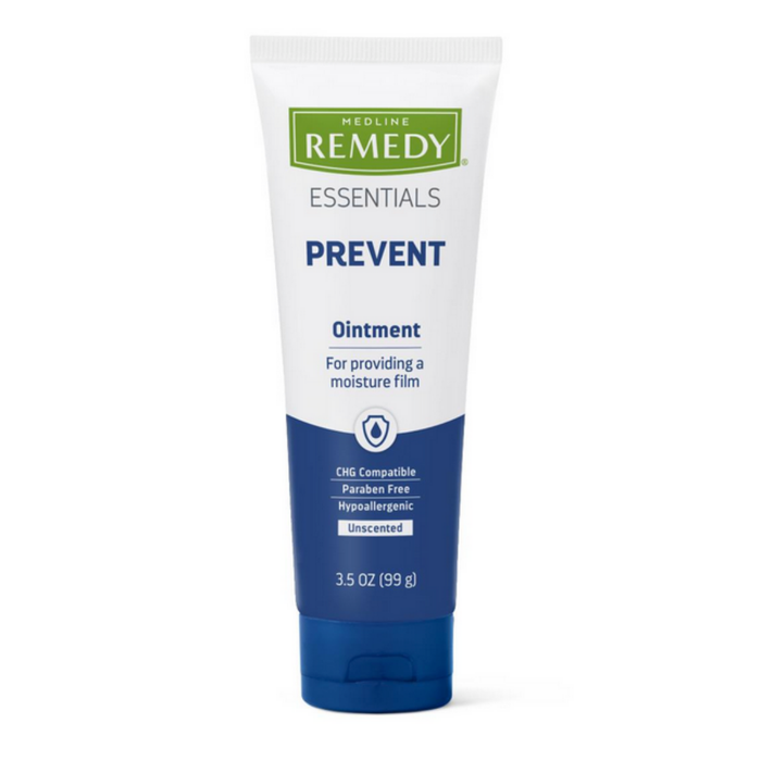 A 3.5 oz (99 g) tube of Medline Remedy Essentials Moisturizing Ointment is petrochemical-free, unscented, CHG compatible, paraben-free, and hypoallergenic.