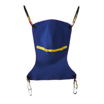 The Medline Reusable Full-Body Patient Sling is blue with black straps, metal clips, and a yellow support band, designed to ensure safe transfers and mobility assistance for patients.