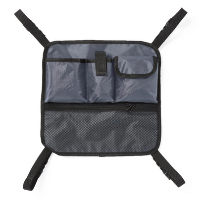 The Medline Rollator Hanging Storage Bags are crafted from durable black and gray nylon, featuring multiple pockets and compartments, including a mesh zippered pocket at the bottom. Four adjustable straps extend from each corner for easy attachment, making it versatile like a car seat organizer.