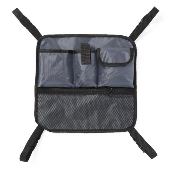 The Medline Rollator Hanging Storage Bags are crafted from durable black and gray nylon, featuring multiple pockets and compartments, including a mesh zippered pocket at the bottom. Four adjustable straps extend from each corner for easy attachment, making it versatile like a car seat organizer.