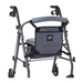 A gray walker with four wheels, featuring a padded seat, backrest, hand brakes, and a Medline Rollator Hanging Storage bag made of durable nylon with a label attached to the back, all set against a white background.