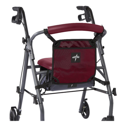 The Medline Rollator features a dark red padded seat, backrest, and four wheels. It includes ergonomic hand grips and a durable, machine-washable nylon storage bag. The sleek design is enhanced by the metallic gray frame.