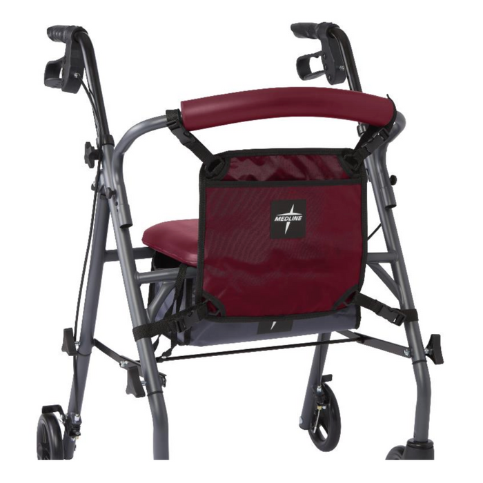 The Medline Rollator features a dark red padded seat, backrest, and four wheels. It includes ergonomic hand grips and a durable, machine-washable nylon storage bag. The sleek design is enhanced by the metallic gray frame.