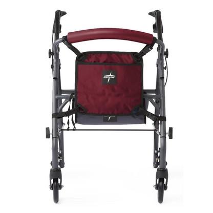 The Medline Rollator features a lightweight, foldable design with four wheels and a burgundy seat. It includes a durable nylon backrest with an accessible pouch in burgundy that displays a black and white logo. The handlebar is burgundy, and the frame is metallic gray.