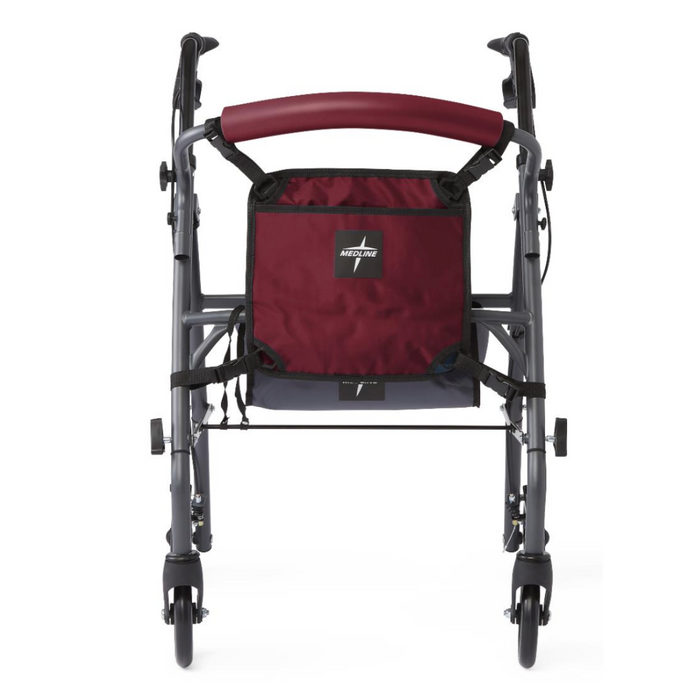 The Medline Rollator features a lightweight, foldable design with four wheels and a burgundy seat. It includes a durable nylon backrest with an accessible pouch in burgundy that displays a black and white logo. The handlebar is burgundy, and the frame is metallic gray.