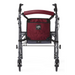 The Medline Rollator features a lightweight, foldable design with four wheels and a burgundy seat. It includes a durable nylon backrest with an accessible pouch in burgundy that displays a black and white logo. The handlebar is burgundy, and the frame is metallic gray.