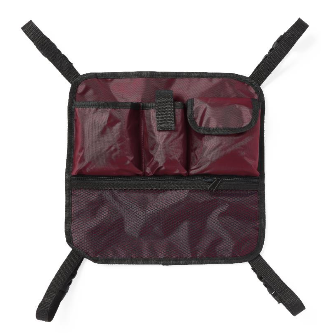 The rectangular maroon Medline Rollator Hanging Storage Bags, made of durable nylon, come with adjustable straps and multiple pockets, including one with a flap. Its machine-washable design ensures easy care and longevity.