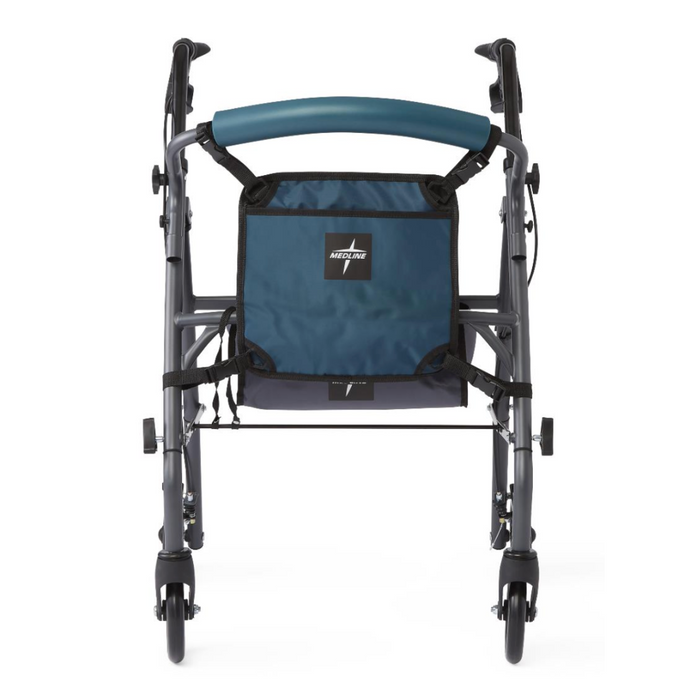A rear view of a blue Medline wheelchair highlights its durable nylon frame, handlebar, and backrest pocket with the Medline logo. The compactly folded wheelchair, featuring four wheels, includes Medline Rollator Hanging Storage Bags for easy access.