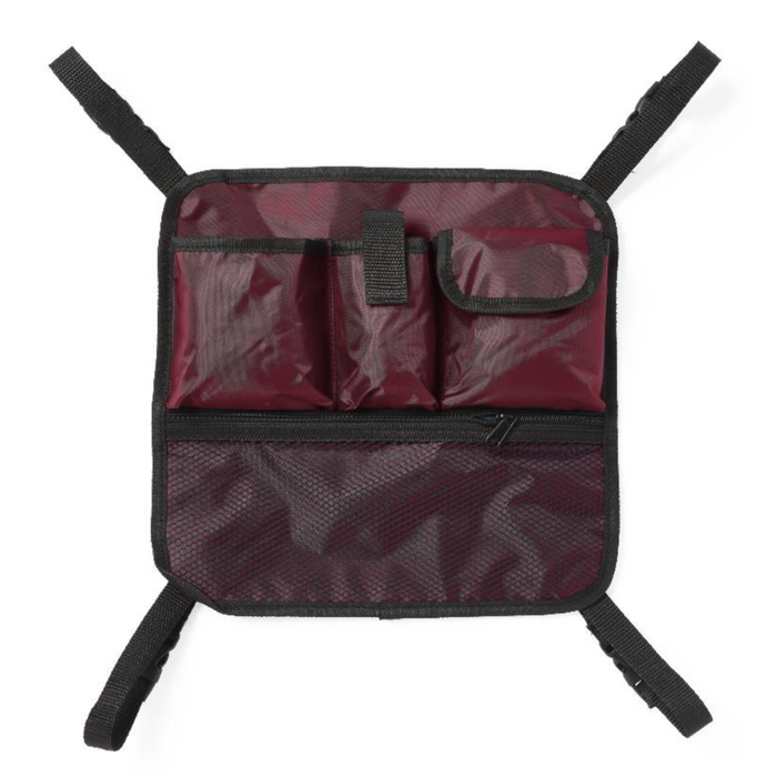 The rectangular maroon Medline Rollator Hanging Storage Bags, made of durable nylon, come with adjustable straps and multiple pockets, including one with a flap. Its machine-washable design ensures easy care and longevity.