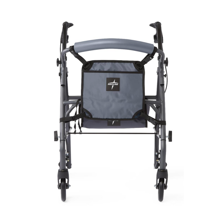 The Medline Rollator features a gray walking aid with four wheels and a durable nylon pouch at the back, equipped with adjustable straps for convenience.