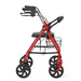 The Medline Steel Rollator features 8 wheels, black handlebars, and a padded seat with backrest. It comes in red with a small storage basket underneath, shown from the side on a white background.
